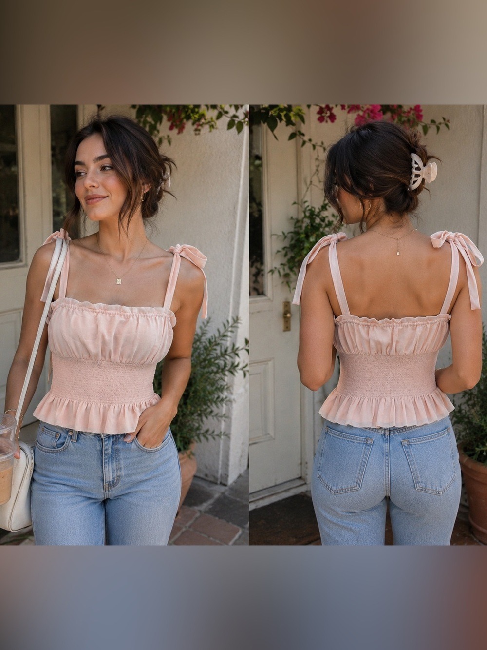 Aritzia Wilfred Blush Pink Smocked Tie-Shoulder Peplum Top Romantic Sz M